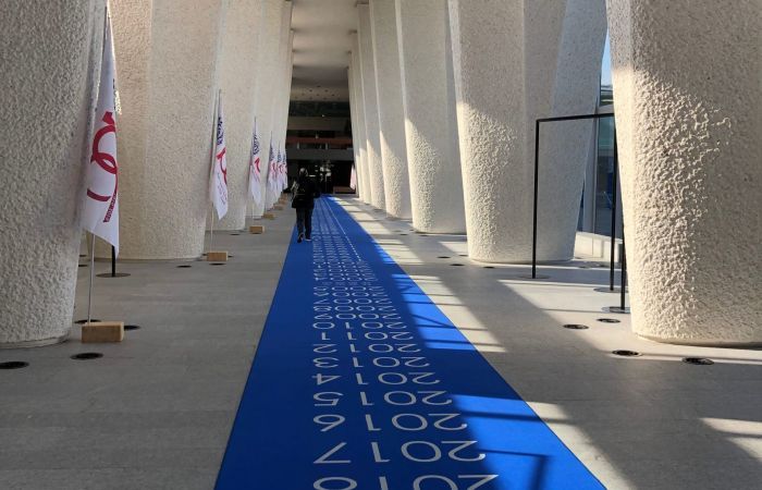 Entrance of ILO seminar in Geneva. A long blue carpet under a stone structure.
